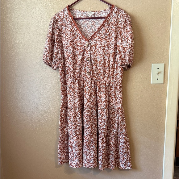 Rust Floral Button-Front Midi Dress - Picture 1 of 7